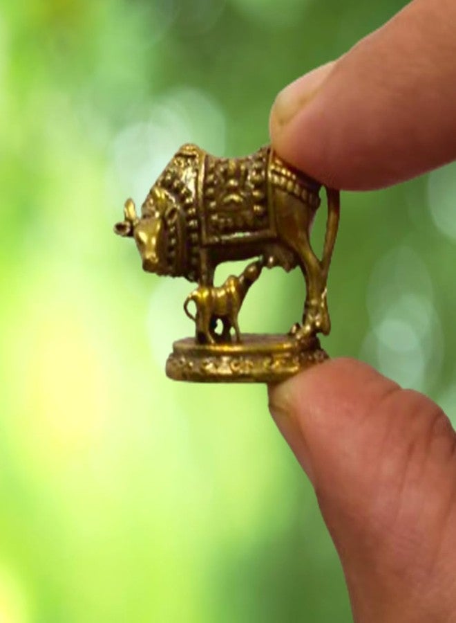 Purpledip Rare Miniature Brass Idol Kamdhenu Cow & Calf Collectible Statue with Detailed Very Fine Workmanship (12698R) - Image 1